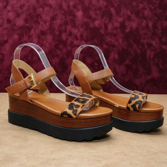 Michael Kors Wmn Marlon Haircalf Leather Brown Platform Buckle Sandals size 8.5 - Picture 1 of 8